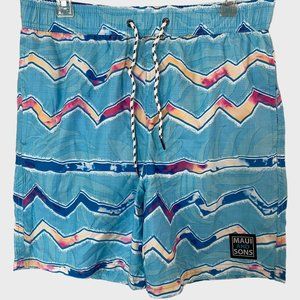 Maui & Sons Zig Zag Cruzer Print Blue Beach Pool Swim Shorts Men's Size Medium